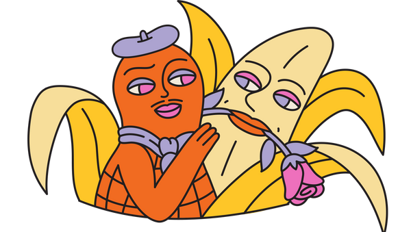 Two anthropomorphic bananas with faces, one orange and one yellow, holding a pink flower against a dark blue background.